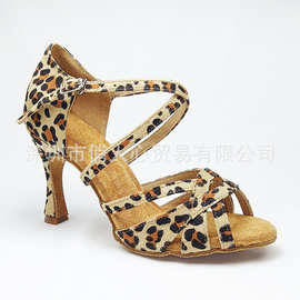 豹纹绒面拉丁舞鞋女士成年跳舞高跟鞋凉鞋2025外贸新款室内舞蹈鞋