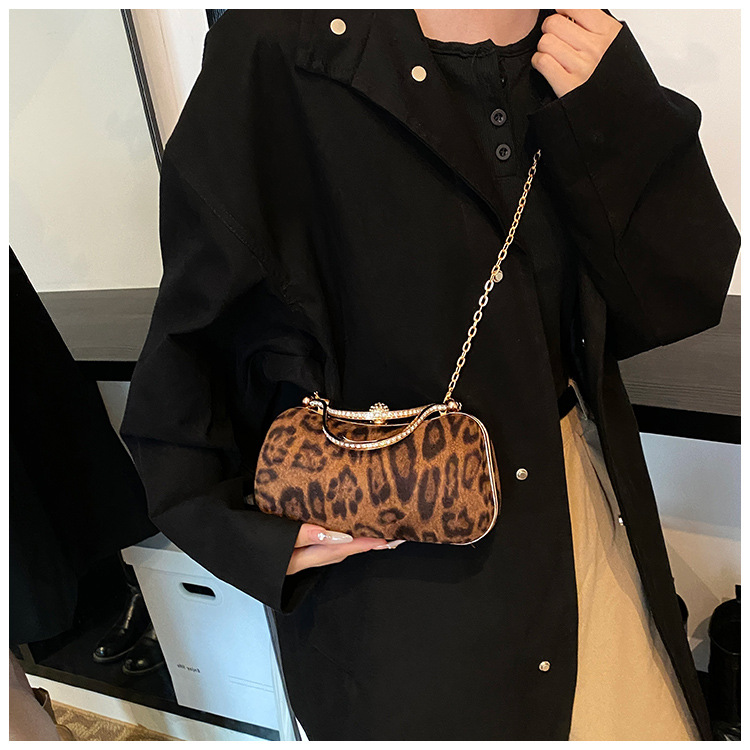 European and American style leopard print chain small square bag for women, 2024 new Korean style fashionable single-shoulder bag, flared crossbody dinner bag undefined