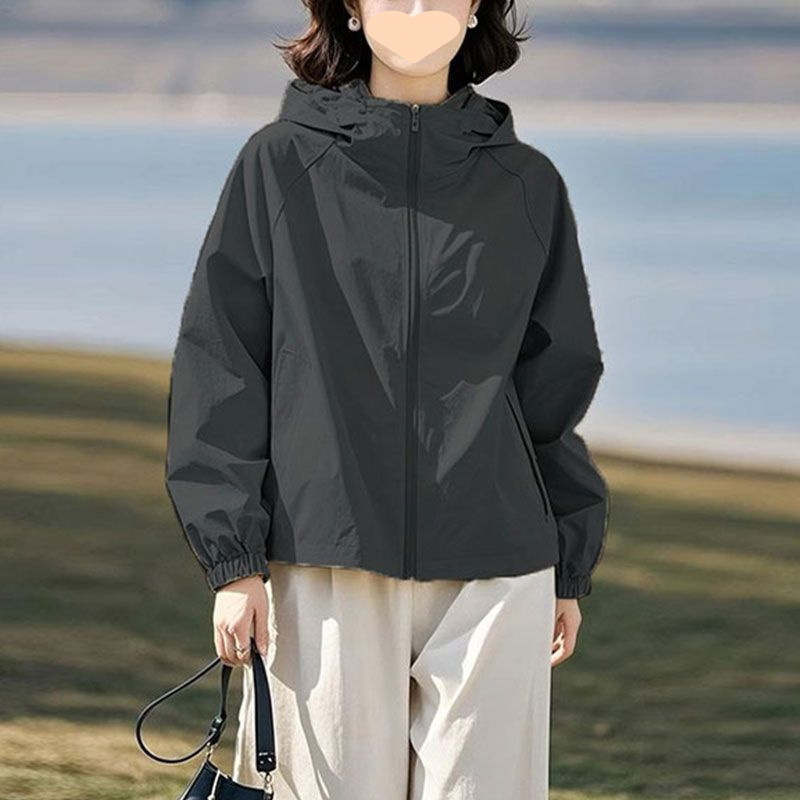 连帽短款外套女春季2025新款纯色宽松百搭运动冲锋衣休闲夹克上衣|undefined