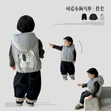 点兮2025秋冬新款婴幼儿连帽棉马甲套装男宝开衫打底牛仔裤三件套