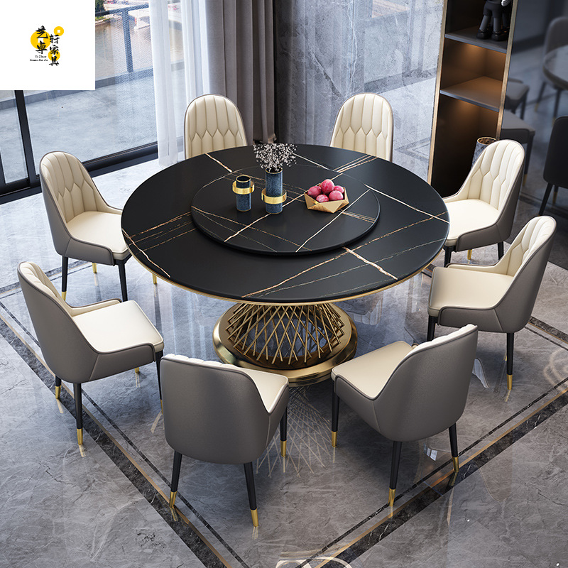 Round Table with Turntable, Slate Dining Table, Modern Simple Italian Style Home Bright Slate Dining Table and Chair Combination Set Hotel
