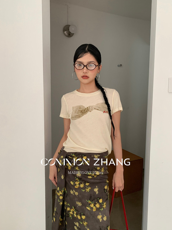 CZ ZHANG夏の韓国版はだらだらしています。蝶結びのプリント文字の刺繍半袖tシャツb 20639|undefined