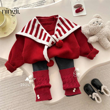 柠里4年冬季新款女童装韩版加厚保暖新年款针织衫毛衣套装送披肩