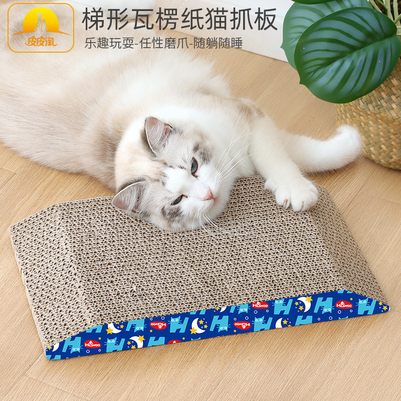 Tablero del rasguño del gato fábrica en la acción al por mayor Hawo alta densidad trapezoidal papel corrugado catnip gato juguete corrugado gato garra tablero