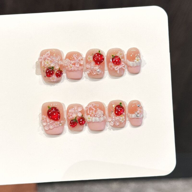 Yihe Original【Sweet Berry Ice Cream】Pink Strawberry Wearable Nails Pearl Sweet Girly Style Handmade Nail Stickers Yihe Original【Sweet Berry Ice Cream】Pink Strawberry Wearable Nails Pearl Sweet Girly Style Handmade Nail Stickers