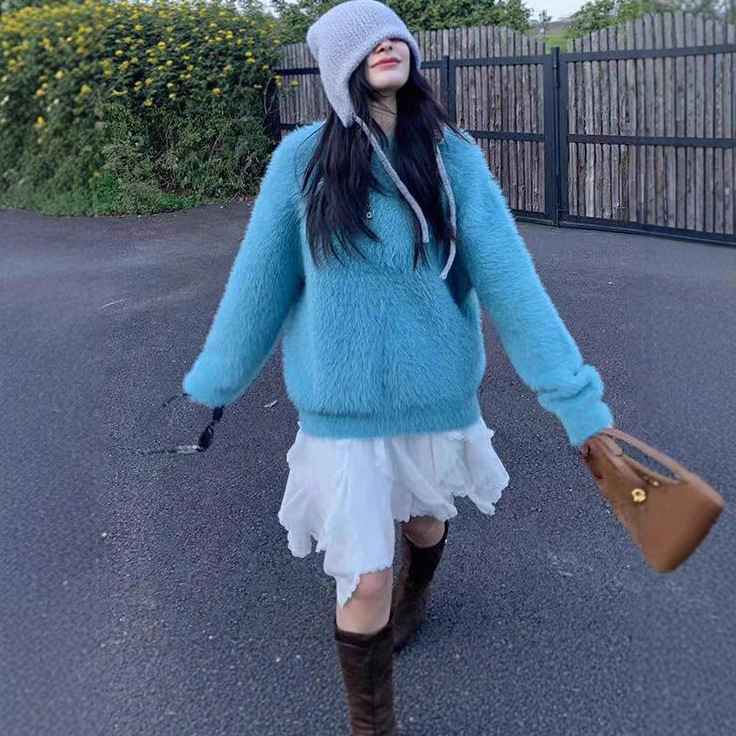 奶黄色毛衣女装秋冬宽松软糯慵懒风针织衫圆领仿貂绒加厚软糯上衣|undefined