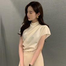 韩国chic夏季减龄时尚小众优雅感立领斜褶设计衬衫上衣女