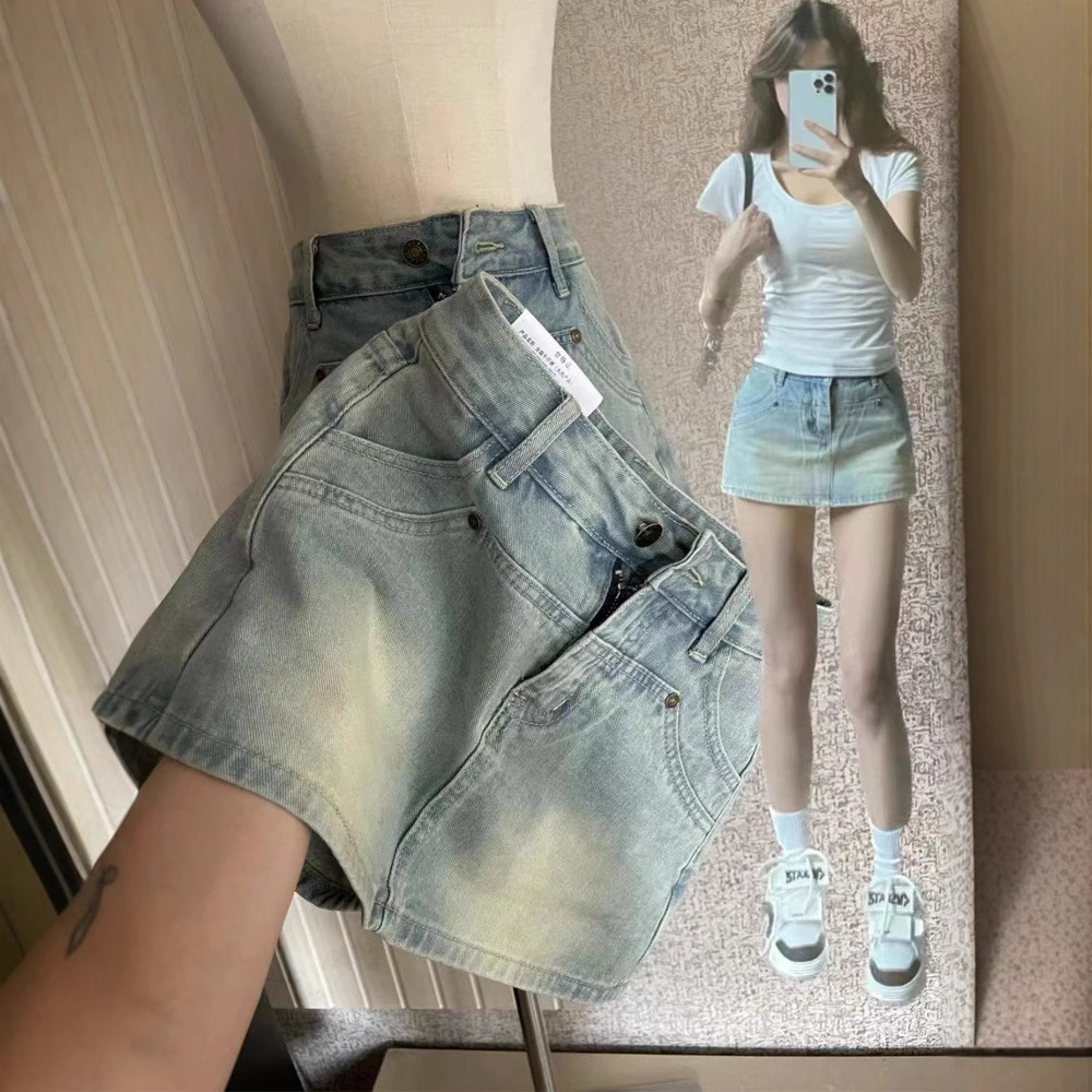 Pear-Shaped Figure Denim Short Skirt for Women, Summer Versatile Fashion High-Waisted Elastic Tummy-Concealing Slimming A-Line Skirt Pants