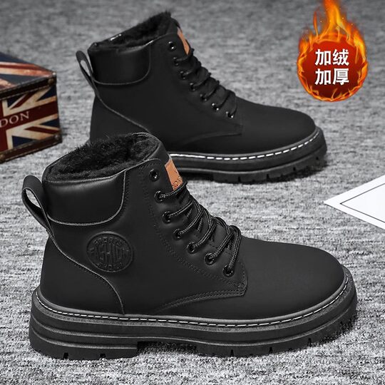 2024 winter fleece-lined Senior high school Martin boots men's tooling Korean version of all-match retro thick warm cotton shoes boots