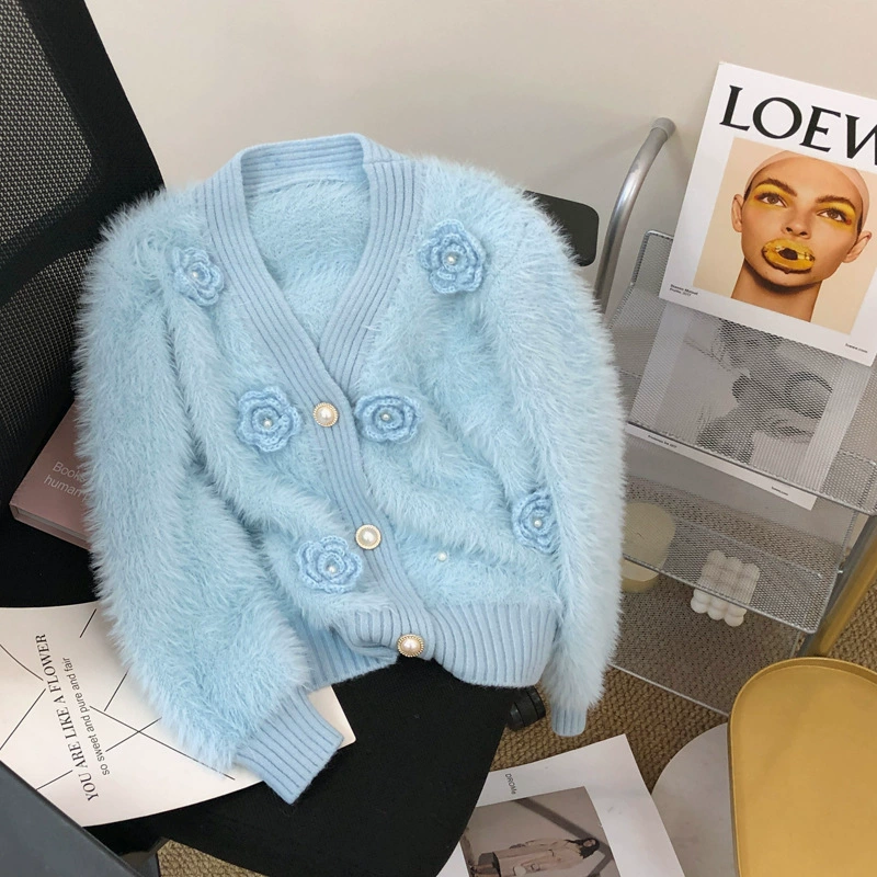 Твидовый свитер-кардиган из искусственной норки для женщин осенью и зимой, высококачественная и очень красивая вязаная куртка с цветочным принтом для маленьких людей