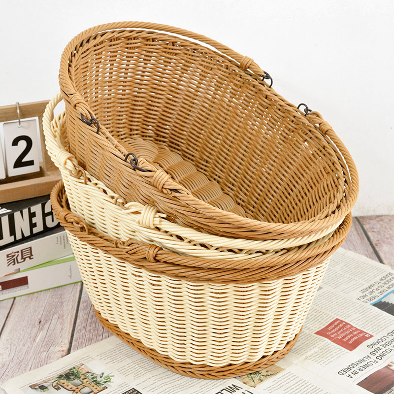 Hand-woven rattan storage basket, imitation rattan, outdoor fruit picking hand basket, iron wire reinforced storage rattan picnic basket