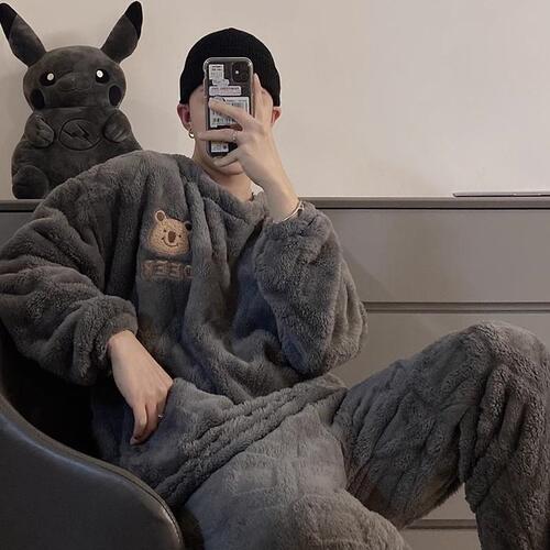 Crew Neck Grey Small Bear Fleece Padded Thick pyjamas for Autumn and Winter Men's Bestselling New Homecoming Clothes