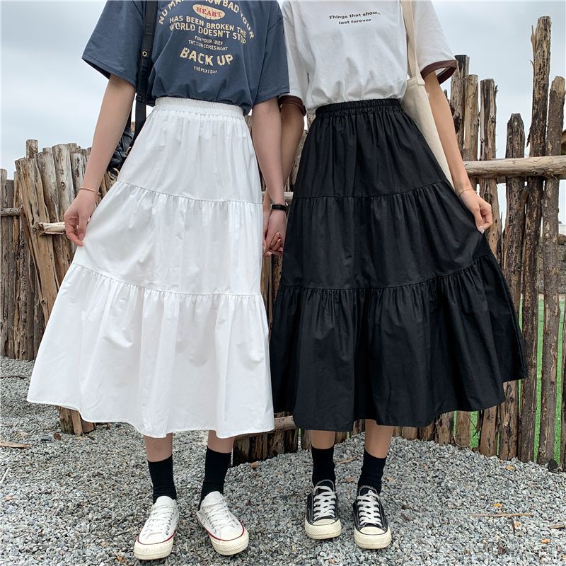 拼接褶皱感白色半身裙女夏季新款高腰显瘦字群长裙子