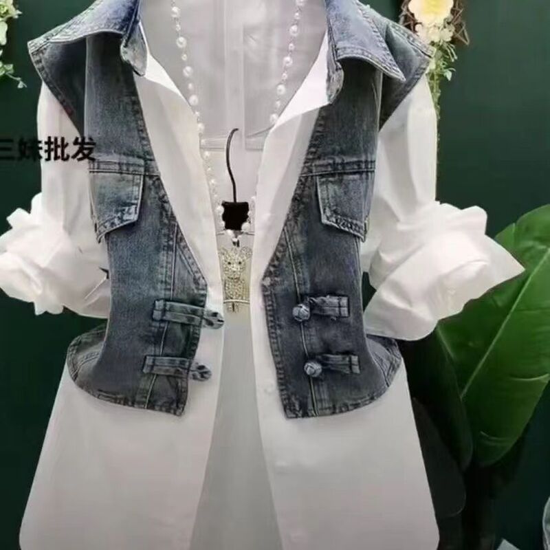 设计感假两件牛仔衬衫女款春秋韩版休闲洋气百搭拼接条纹上衣|undefined