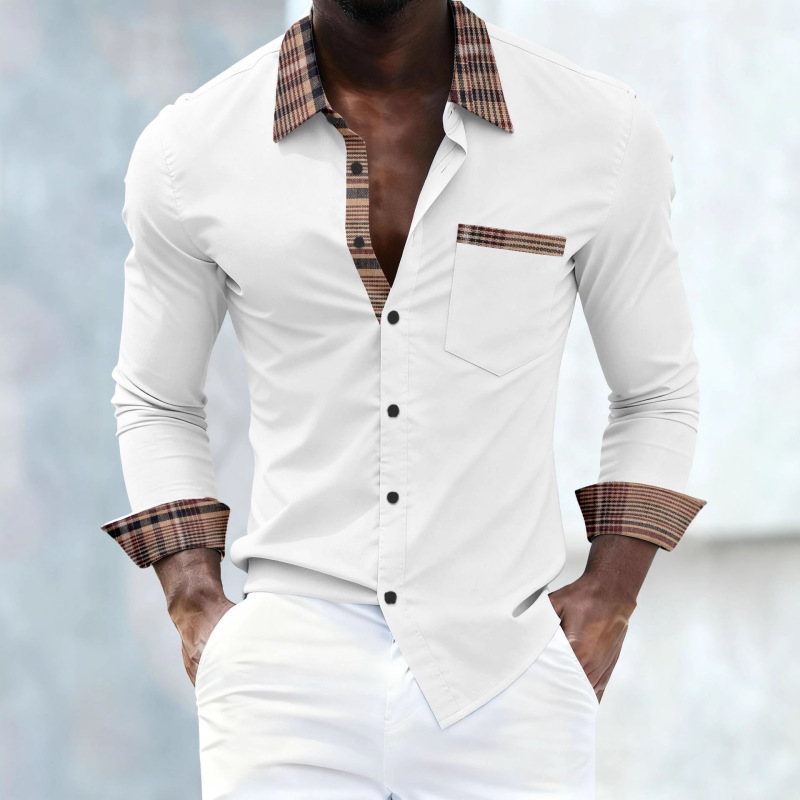 Cross-Border Men's Shirt Amazon New Shirt Placket Printed Contrasting Pocket Decoration Casual Long-Sleeved Shirt for Men