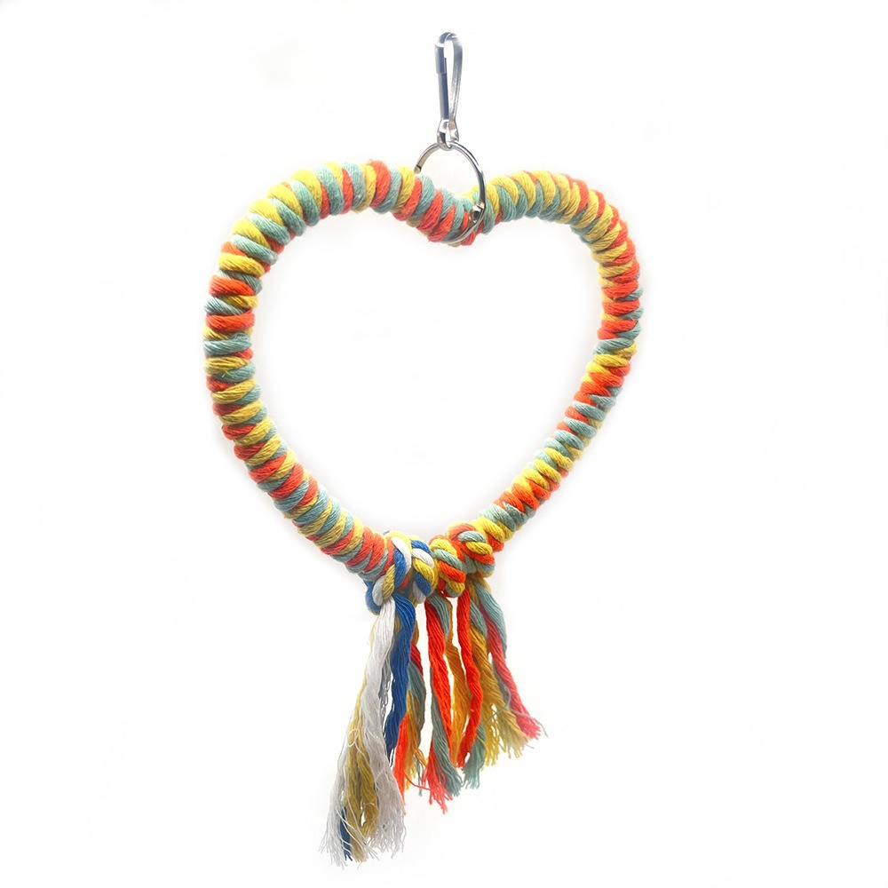 Amor cuerda de algodón en forma de corazón columpio colorido juguete para pájaros loro percha escalada boca de la estación marco de la jaula de pájaros accesorios de decoración al por mayor