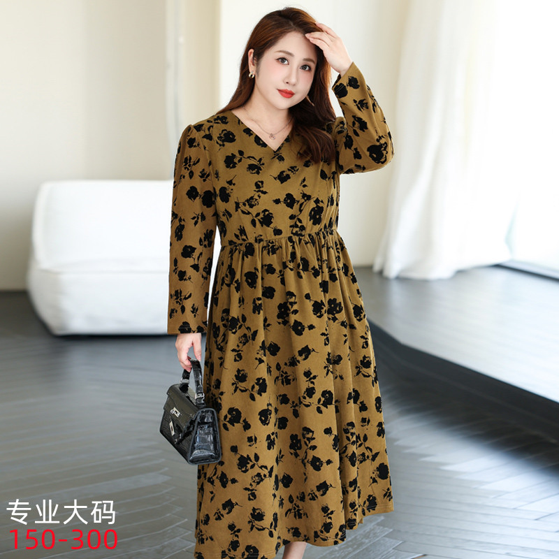 2023 Autumn New Plus Size Women's Dress, Flocked V-neck Long Sleeves, Waist-cinching Slimming Mid-length Dress 8559