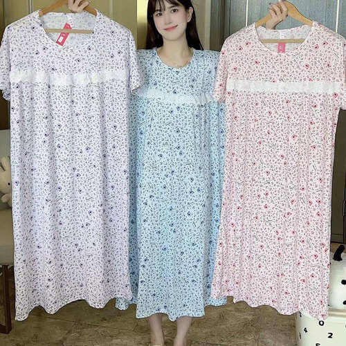 Nightgown loose women floral lace pocket sleep dress breathable cartoon print long dress high-end sleepwear