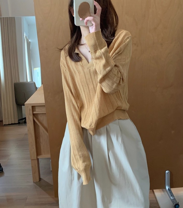 韩系老钱风polo领长袖针织衫T恤女秋季设计感v领宽松内搭打底上衣|undefined