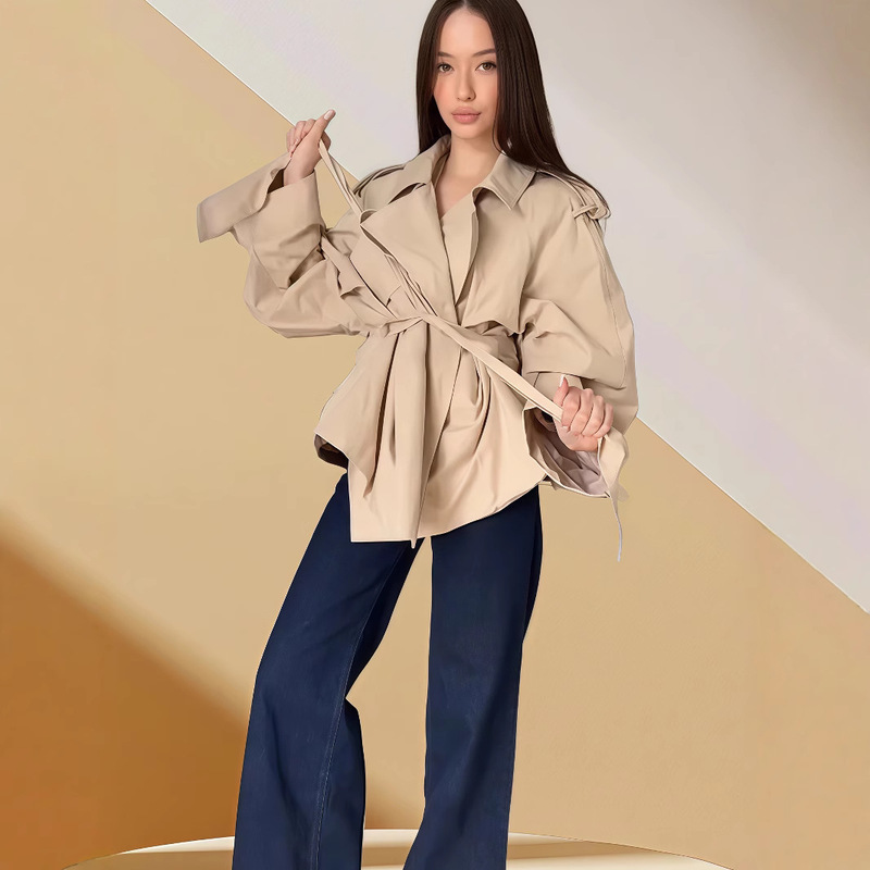 European and American Waist-Cinching Lace-Up Short Jacket 2025 Autumn and Winter New Lapel Slim Fashion Jacket Women's Clothing