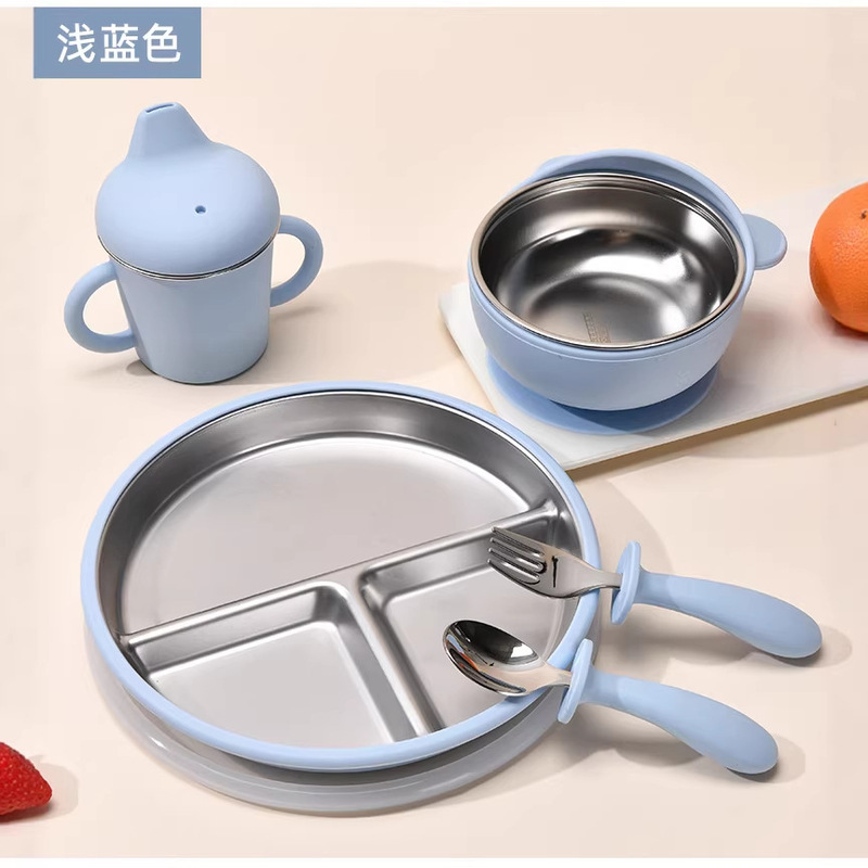 Cross-Border Children's Supplementary Food Tableware Bowl Baby Training Stainless Steel Dinner Plate Fork Spoon Sippy Cup 6-Piece Set Maternal and Infant Products