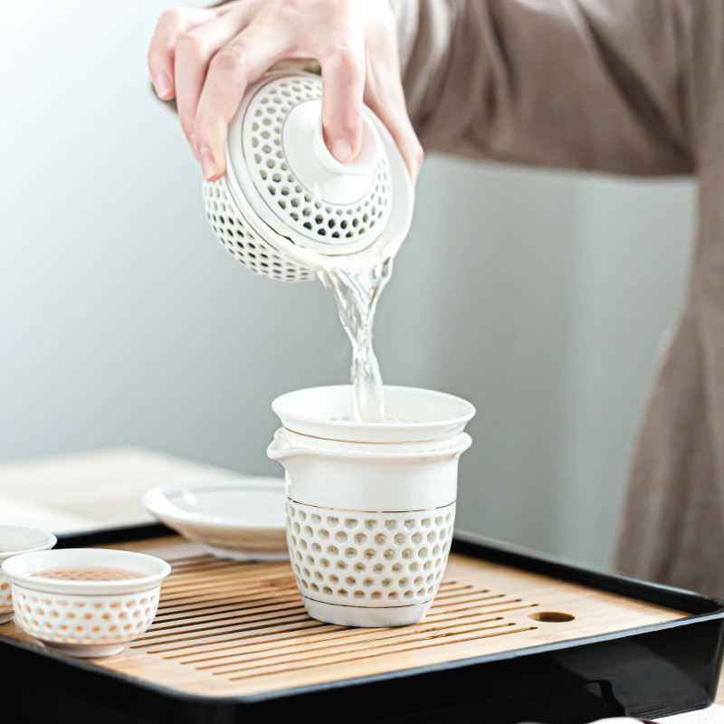 KE3C玲珑陶瓷蜂窝镂空盖碗茶具套装简约家用现代功夫