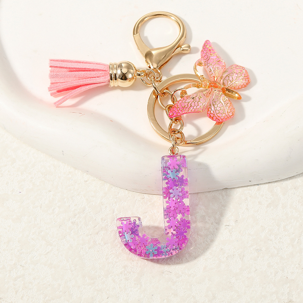 Nuevo color púrpura claro mezcla de polvo brillante letras inglesas resina llave colgante estilo simple mariposa borda colgante