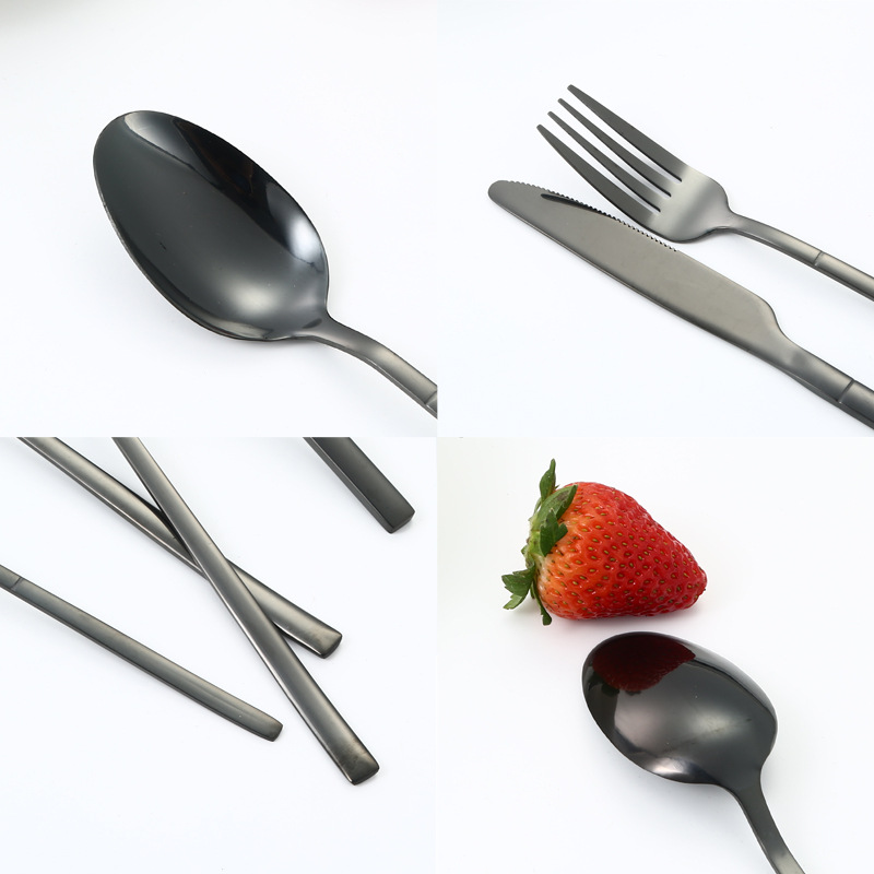 Traje de vajilla de acero inoxidable de Amazon transfronterizo Caballero cuchillo de carne, tenedor y cuchara pequeña caja negra vajilla occidental vajilla de regalo