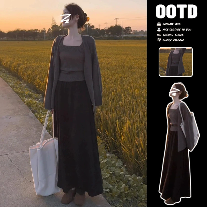 Модное трикотажное платье-свитер для женщин, новинка осени и зимы 2025 года, корейский стиль, комплект на раннюю весну