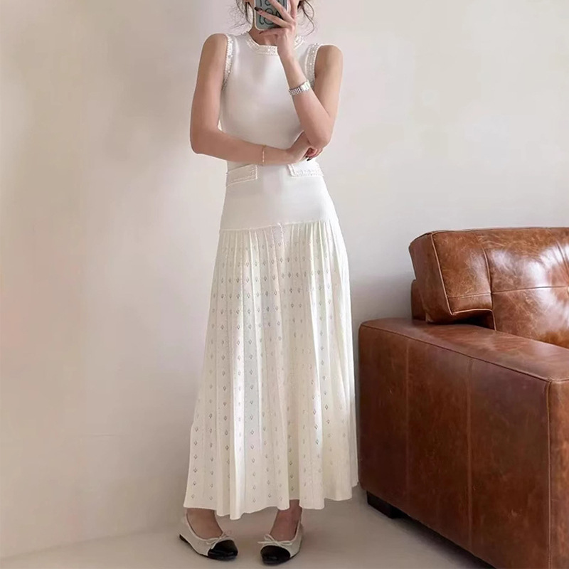Spring and Summer New Cross-Border French Style S Brand New Beaded Knit Dress Long Skirt Round Neck Waist-Cinching S Brand Sleeveless Long Skirt