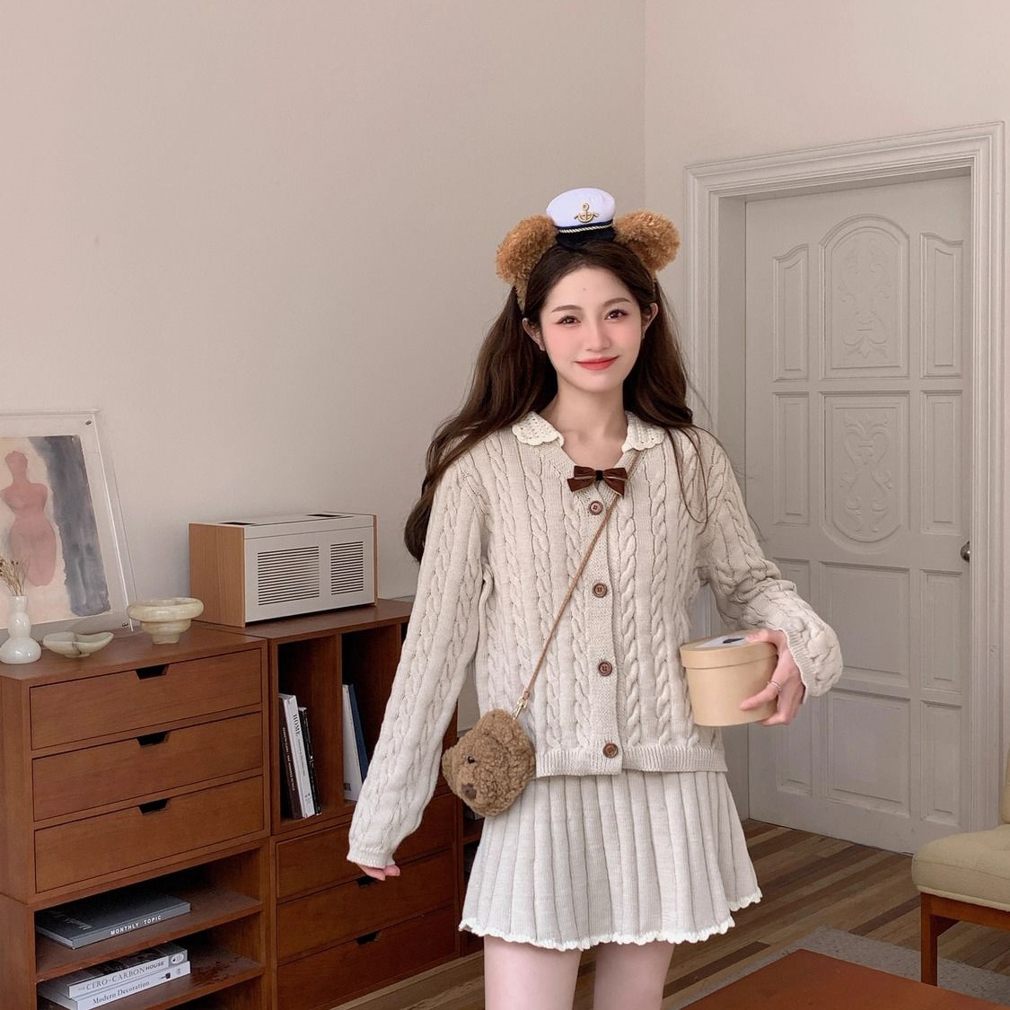 燕麦色学院风麻花针织开衫百褶短裙两件套女24秋冬新款毛衣套装