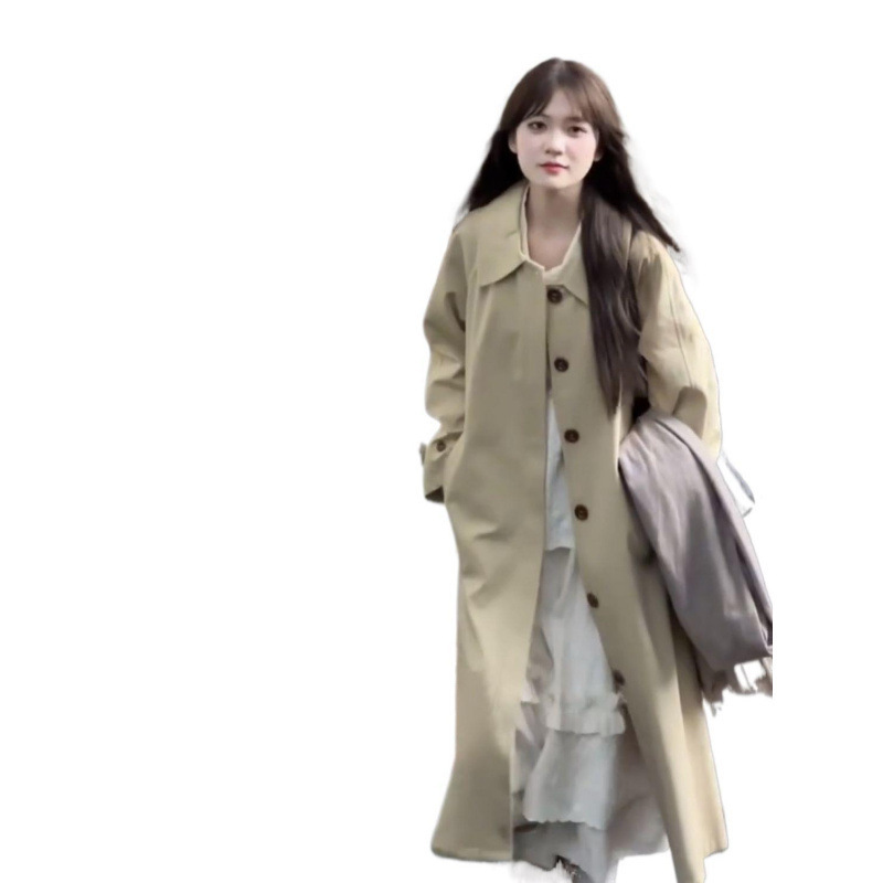 早秋2025新款极简风少女韩系翻领风衣女卡其色廓形中长款气质大衣|undefined
