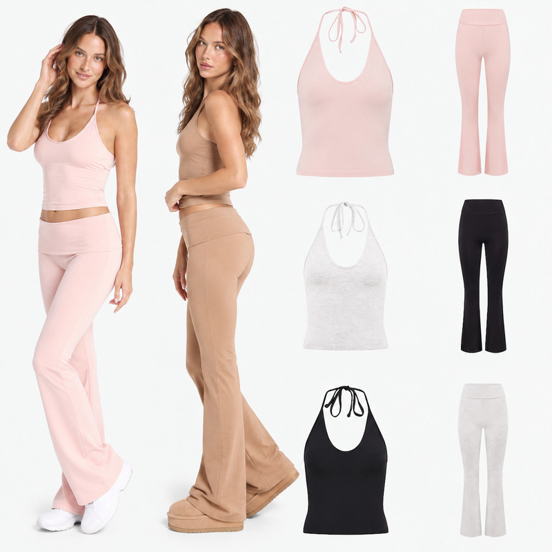 Foreign Trade Cross-Border Yoga Suit for Women with Chest Pad and Neck Vest High-Waist Nude Quick-Drying Sports Fitness Flared Trousers Foreign Trade Cross-Border Yoga Suit for Women with Chest Pad and Neck Vest High-Waist Nude Quick-Drying Sports Fitness Flared Trousers