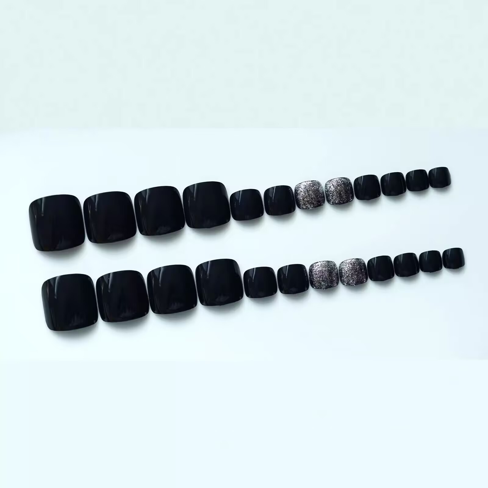 24 piezas para usar uñas de los pies, polvo de brillo negro, pegatinas de uñas de los pies, uñas de los pies, uñas de los pies, productos terminados.