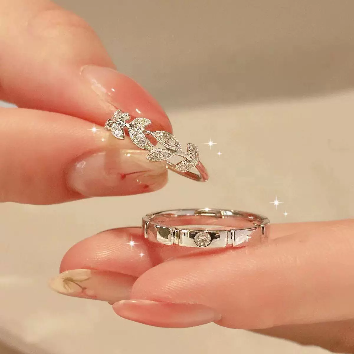 方糖树叶情侣戒指男女ins轻奢小众叶子时尚对戒调节指环情人礼物