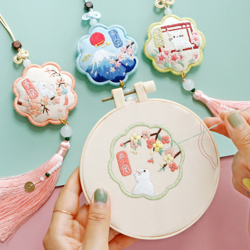 Car interior pendant safety talisman cross-stitch car pendant handmade embroidery diy material bag making pendant