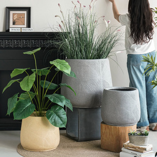 Retro Creative Magnesium Mud Flower Pot Living Room Indoor Round Extra Large Pot Green Plant Monstera Fig Leaf Fiddle Leaf Fig Potted Scandinavian