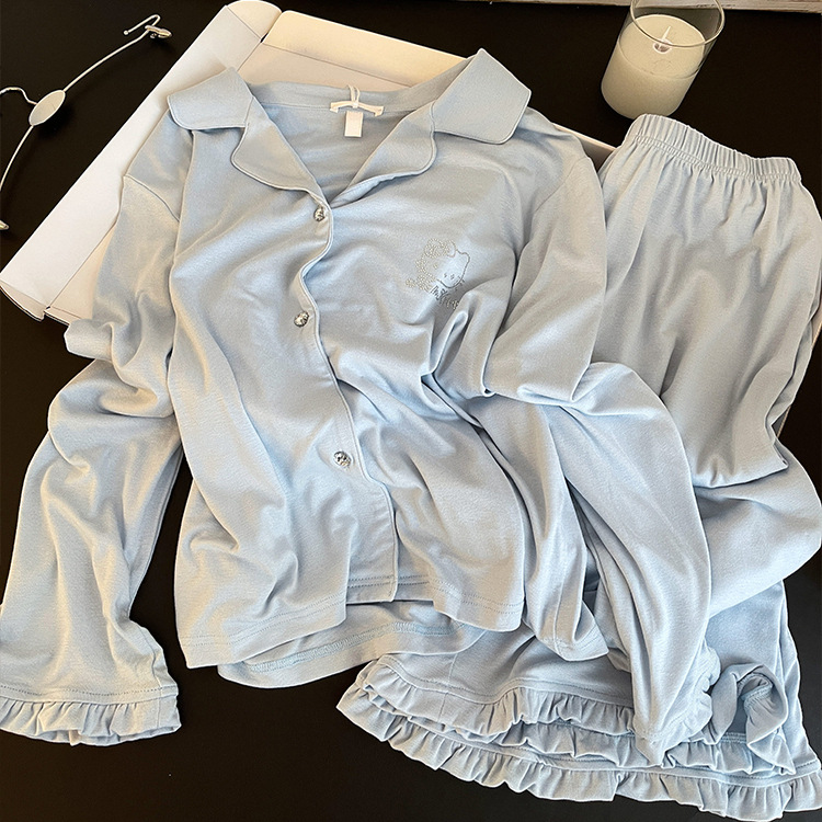 法式纯欲性感风甜美花边纯棉睡衣女秋季新款亲肤长袖家居服套装