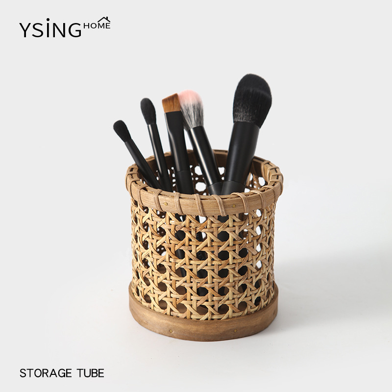 Rattan Makeup Brush Storage Tube, Desktop High-End Vintage Handmade Woven Comb, Lipstick, Eyebrow Pencil Storage Box, Pen Holder