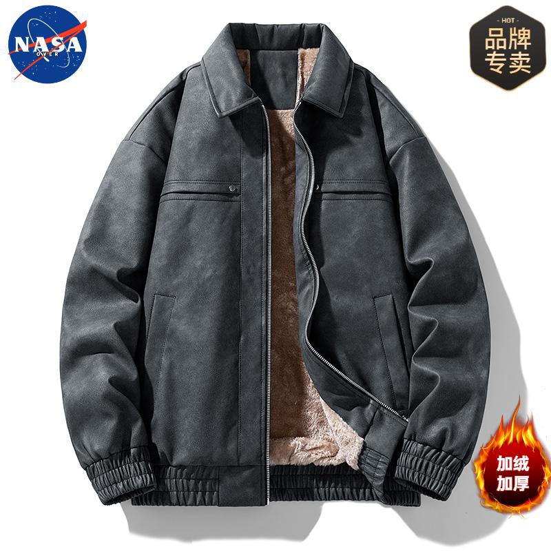 NASA Brand Autumn and Winter 2024 American Vintage Lapel Aviator Jacket Leather Coat