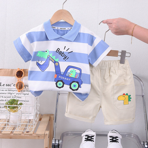 Boys summer suit Korean version trendy baby striped cartoon digger short-sleeved children's clothing one-year-old baby summer clothes
