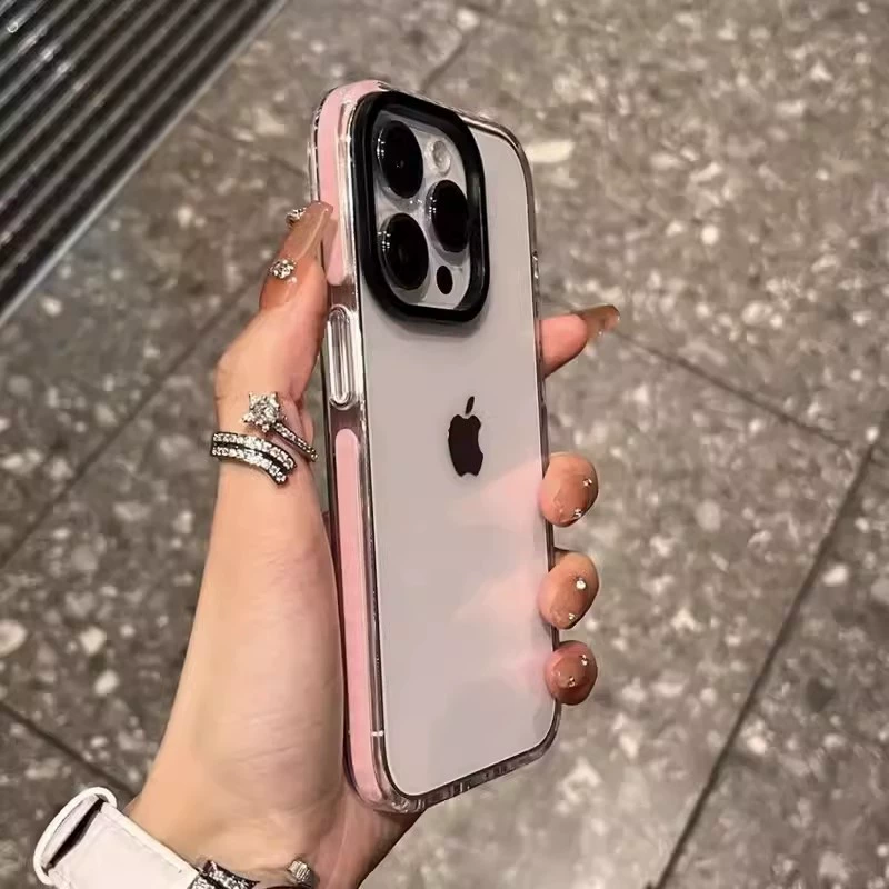 Чехол для телефона (совместим с Apple iPhone 17) прозрачный подушкообразный силикон с цветным ободком, защита камеры