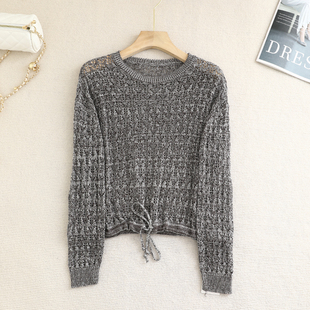 Meng Series 2025 Spring and Summer Lazy Style Cut Out Drawstring Round Neck Slimming Look Elegant Gray Pullover Knitwear Blouse for Women