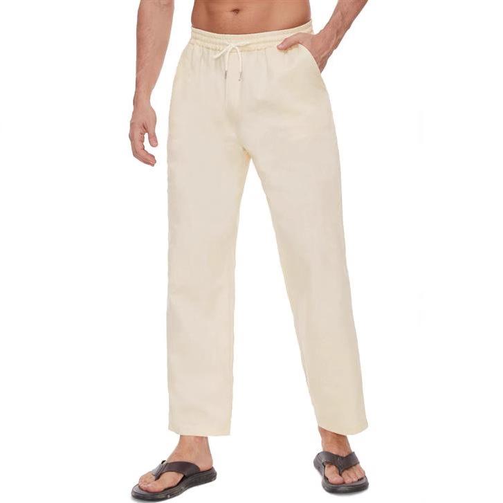 2025 Cross-border Summer Men's Hip-hop Breathable Linen Loose Casual Sports Solid Color Elelastic Tether Straight Trousers