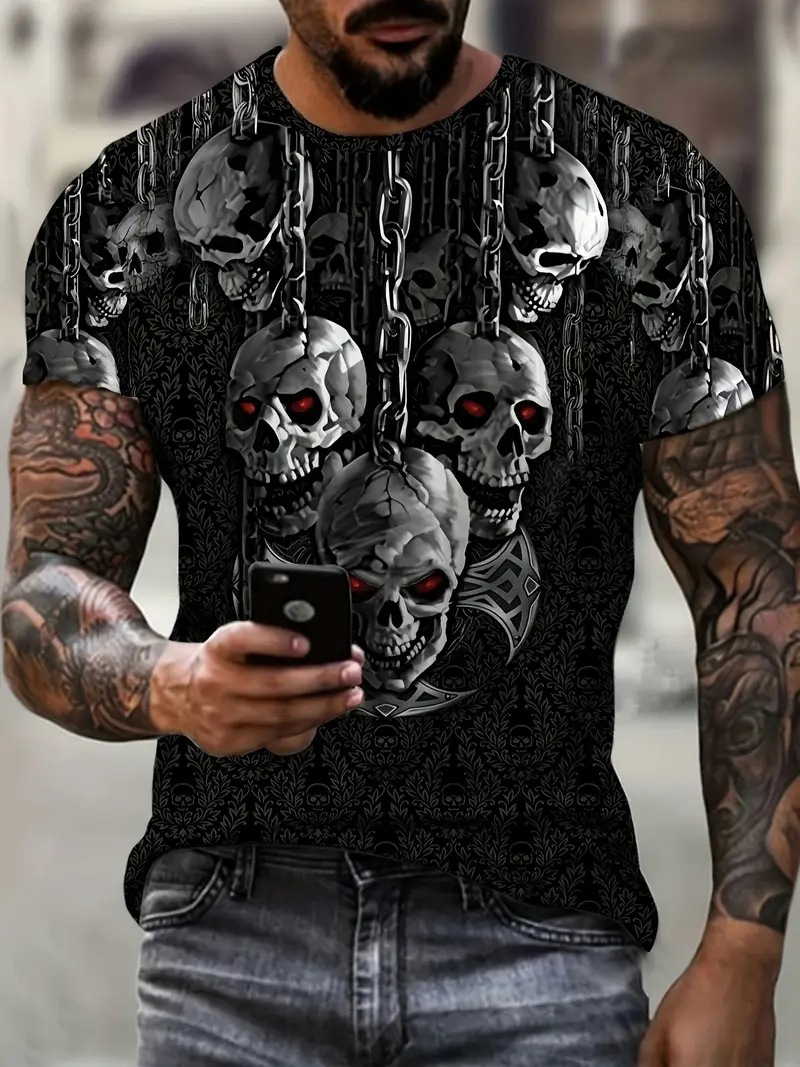 Venta caliente yugo diablo esqueleto 3D impresión digital para hombres moda callejera salvaje suelta manga corta cuello redondo camiseta