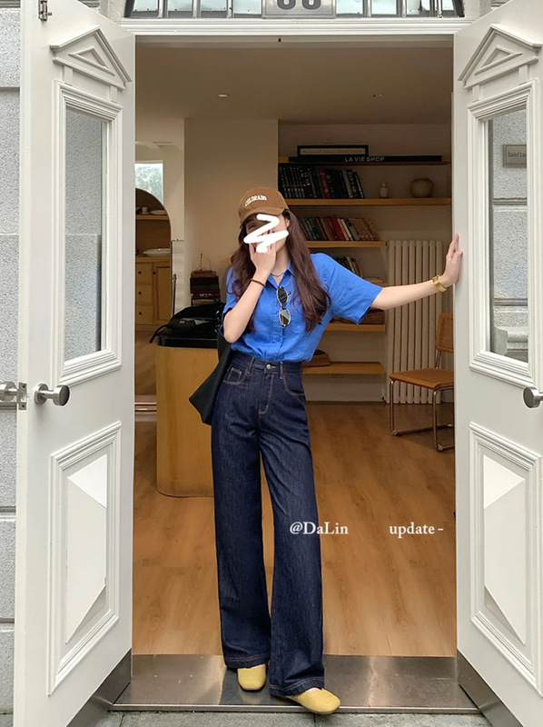 DUOXINIU/多喜牛/DaLin三本針夏の上で新しい狭い版のワイドパンツの高腰のジーパンは高く現れます。|undefined