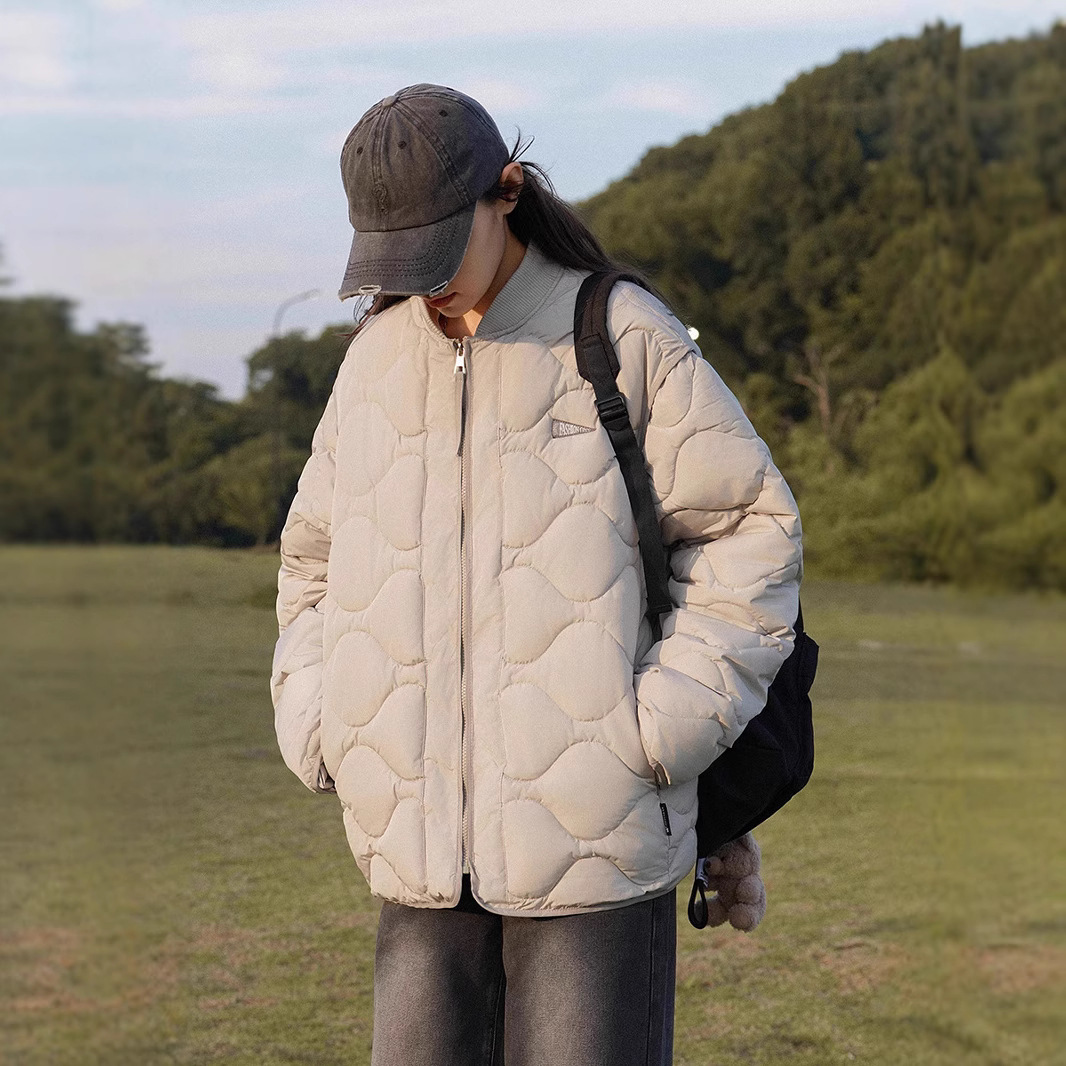 2025年冬季美式棒球棉服情侣装菱形格夹棉加厚百搭外套女宽松棉服
