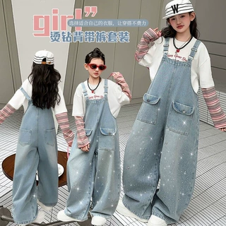 女童牛仔背带裤套装秋季2026新款儿童秋装女大童假两件T恤两件套9