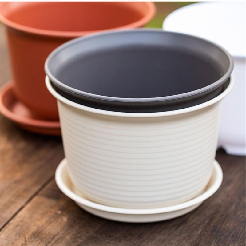 Thickened Flower Pot with Ceramic-Like Resin, Root-Control Plastic Gallon Pot with Tray for Green Radish, Succulents, and Roses, Durable Desktop