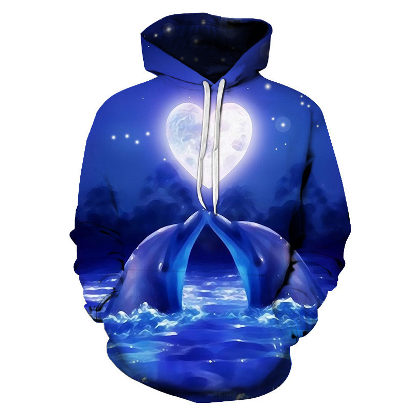 Dolphin Night Moonlight Kiss Portrait Hooded 3d Digital Printed Sweatshirt Couple Pullover Long Sleeve Top